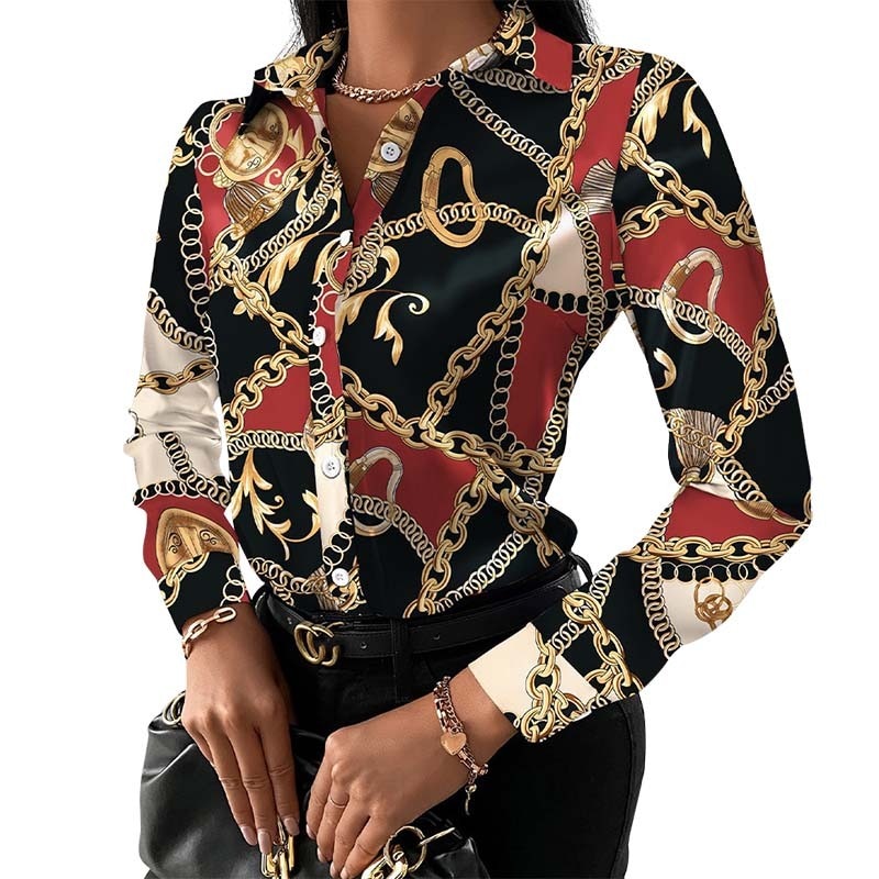 New Chain Print Women Tops And Blouses Fashion Turn-down Collar Long Sleeve