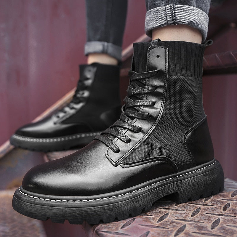 Men Shoes High-Top Martin Boots Black Leather Boots Plus Velvet Thick-Soled Non-Slip Boots Wear-Resistant Botas Hombre Botines