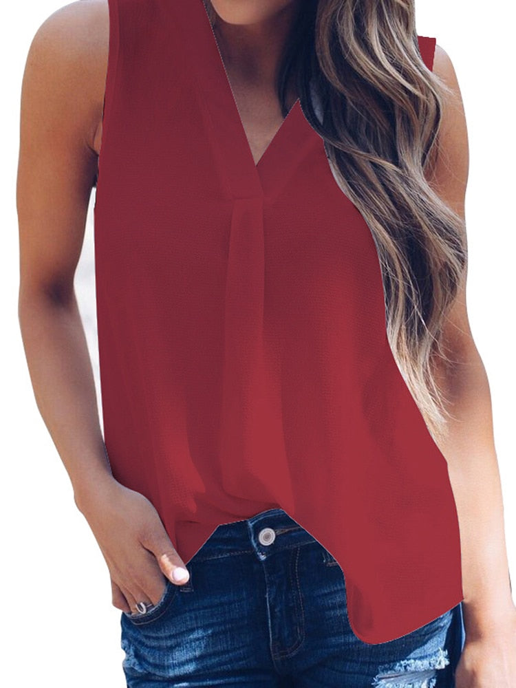 Fashion Women V Neck Chiffon Blouses Summer Top Sleeveless Shirt Casual T