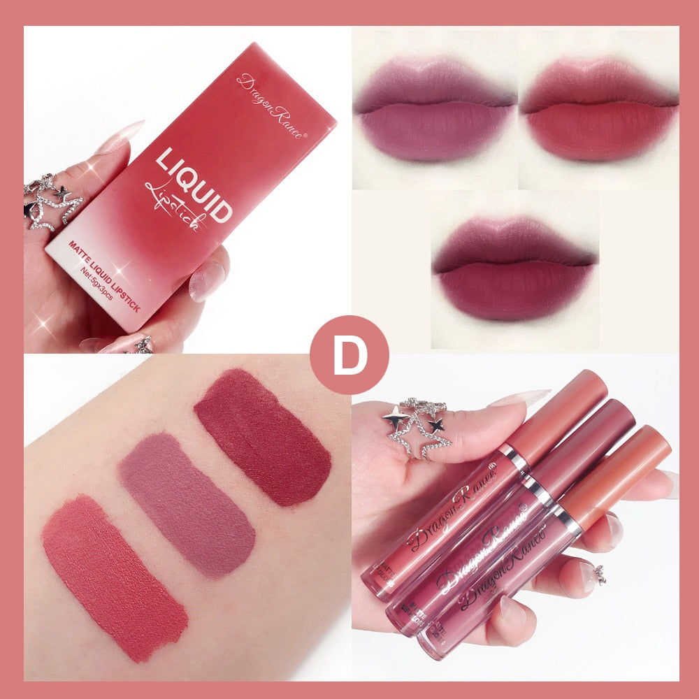 3pcs Velvet Matte Lip Gloss Set Lip Tint Combo Waterproof Long-wear Liquid Lipstick Lip