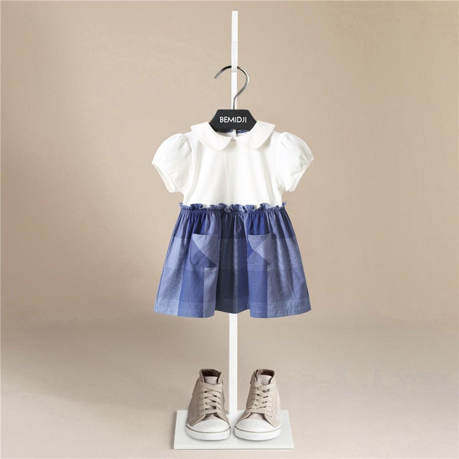 Summer Girls Dress White Doll Lapel Children&#39;s Dress Short-sleeved Cotton Children