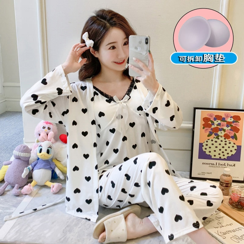 Pajamas women&#39;s suspenders printed chest pads 3-piece set 2022 new ins Korean version of the trend lace high-quality home wear