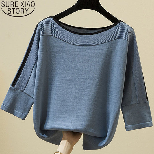 Summer Fashion Women Tops Knitted Solid Blouse Ice Silk Pullover Short Sleeve Loose