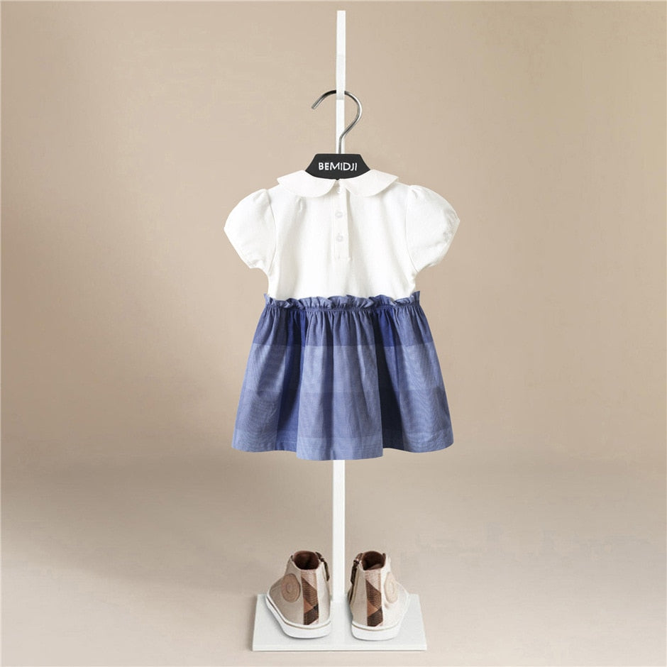 Summer Girls Dress White Doll Lapel Children&#39;s Dress Short-sleeved Cotton Children