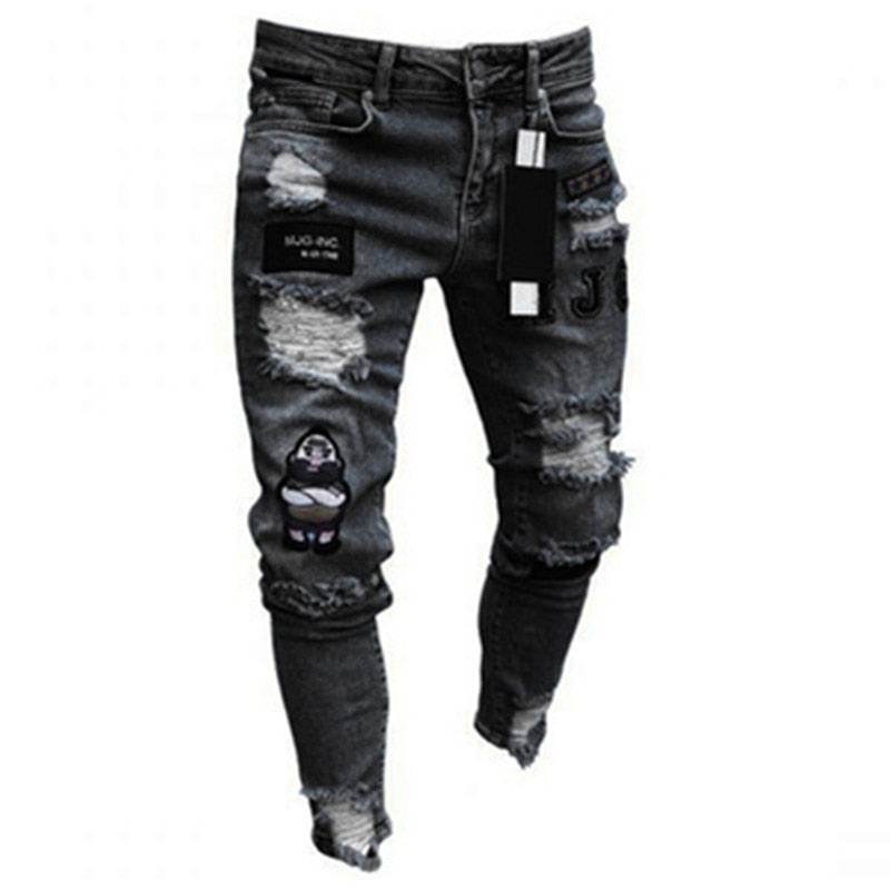 Men Jeans Knee Hole Ripped Stretch Skinny Denim Pants Solid Color Black Blue Autumn