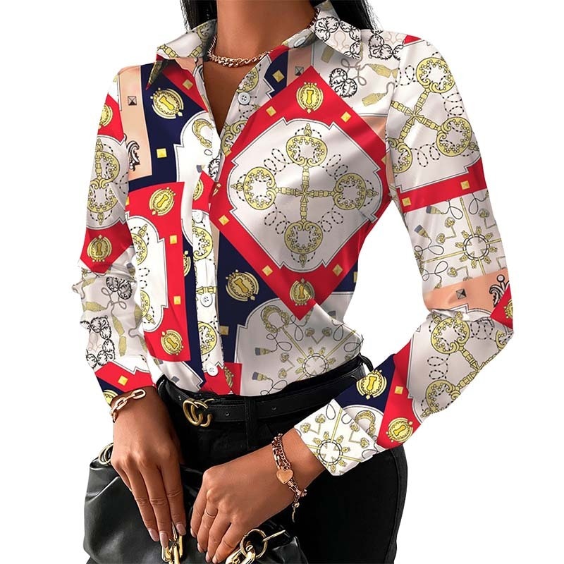 New Chain Print Women Tops And Blouses Fashion Turn-down Collar Long Sleeve