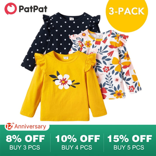 PatPat New Arrival Autumn And Spring  3-pack Girls T-shirt Floral Dots