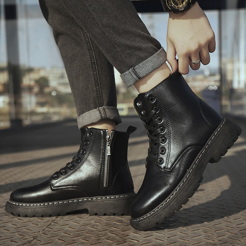 Men Shoes High-Top Martin Boots Black Leather Boots Plus Velvet Thick-Soled Non-Slip Boots Wear-Resistant Botas Hombre Botines