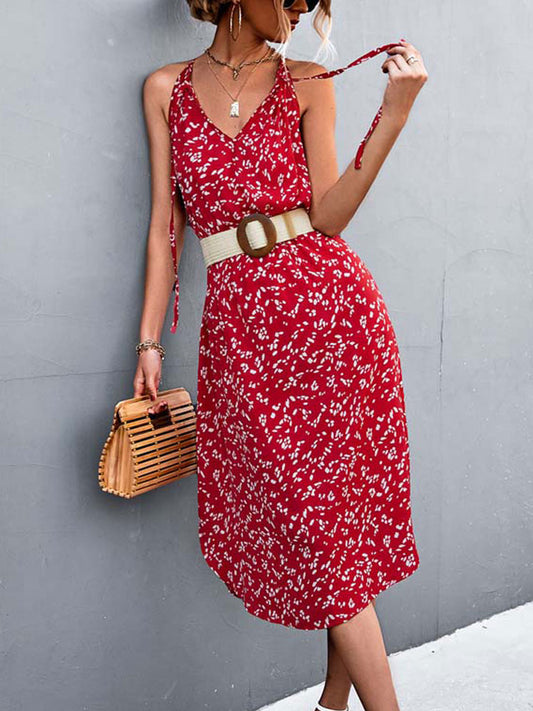 2022 Summer Red Midi Floral Print Dresses Women Sundress Spaghetti Strap