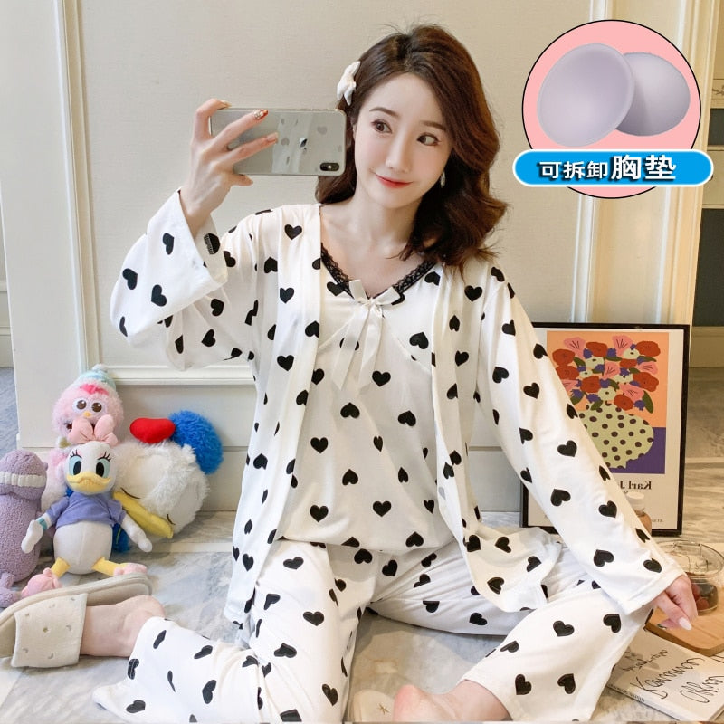 Pajamas women&#39;s suspenders printed chest pads 3-piece set 2022 new ins Korean version of the trend lace high-quality home wear