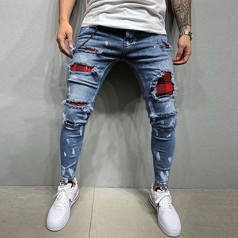 Men Jeans Knee Hole Ripped Stretch Skinny Denim Pants Solid Color Black Blue Autumn