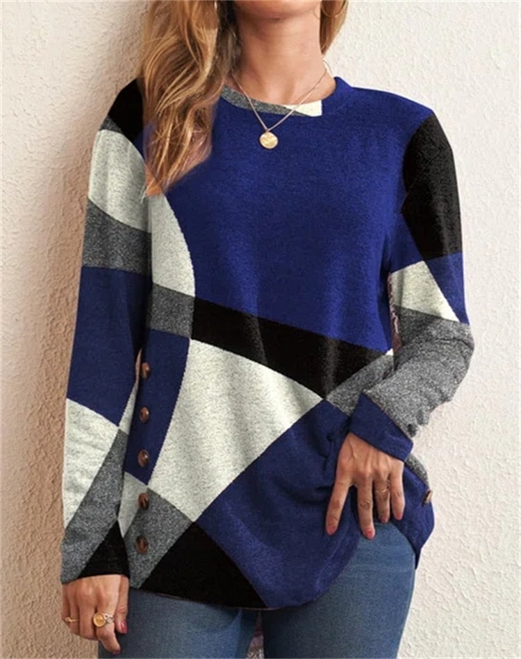 2025 Women’s Button Geometric Print Long Sleeve Loose T-Shirt