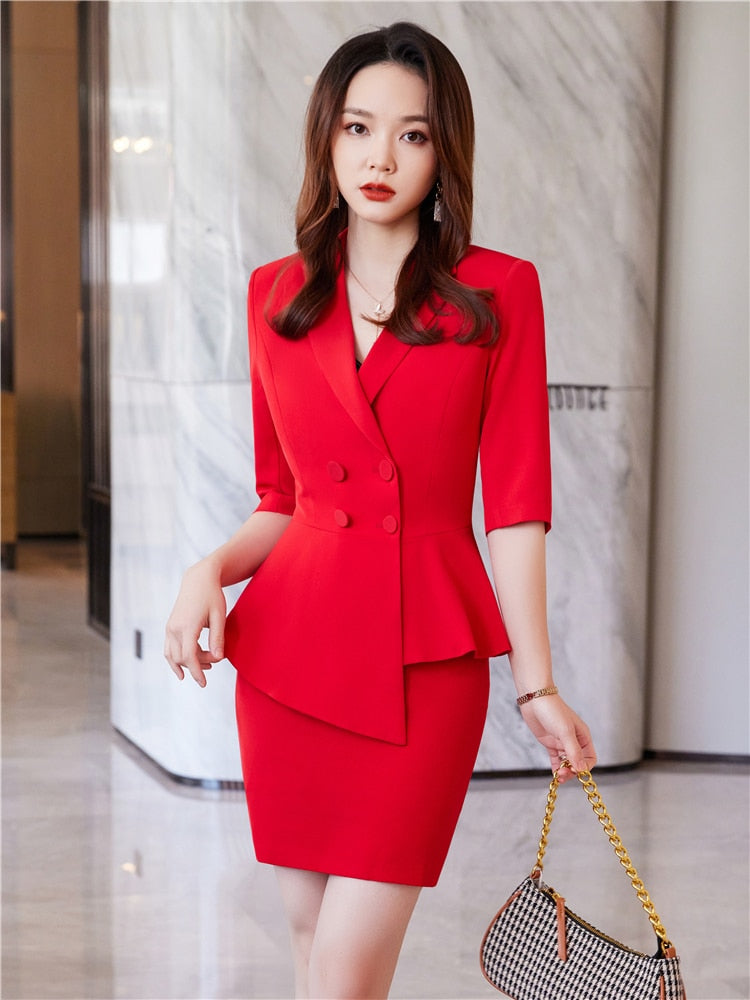 Red Skirt Suit 2 Pieces Set Fashion Business Women Suit Office Ladies Work Wear Uniform