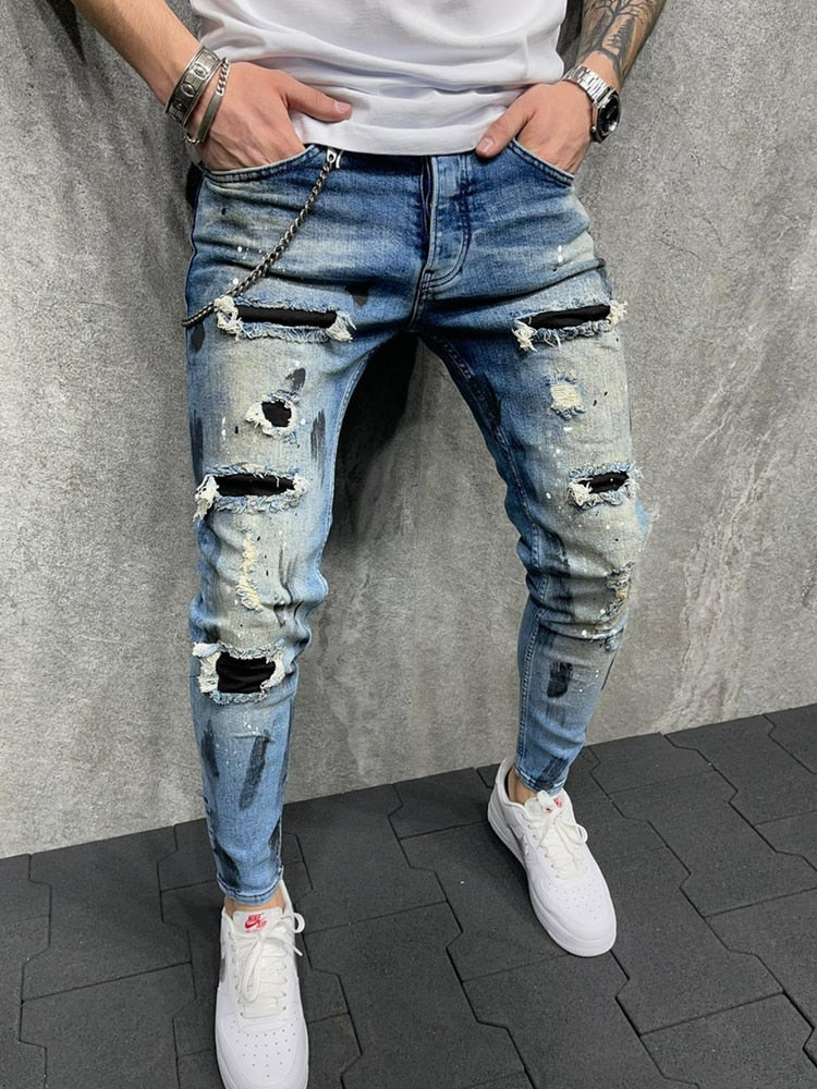 Men Jeans Knee Hole Ripped Stretch Skinny Denim Pants Solid Color Black Blue Autumn