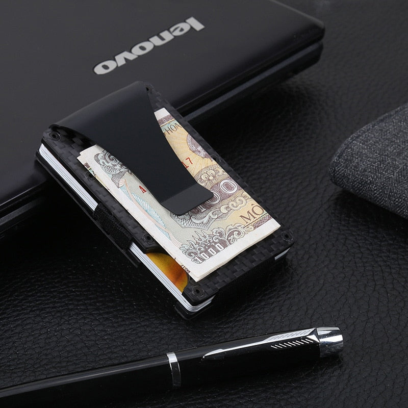 DIENQI Carbon Fiber Card Holder Mini Slim Wallet Men Aluminum Metal RFID Magic