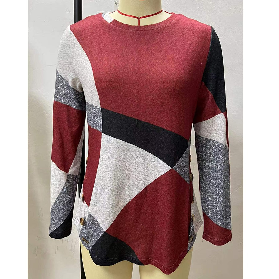 2025 Women’s Button Geometric Print Long Sleeve Loose T-Shirt