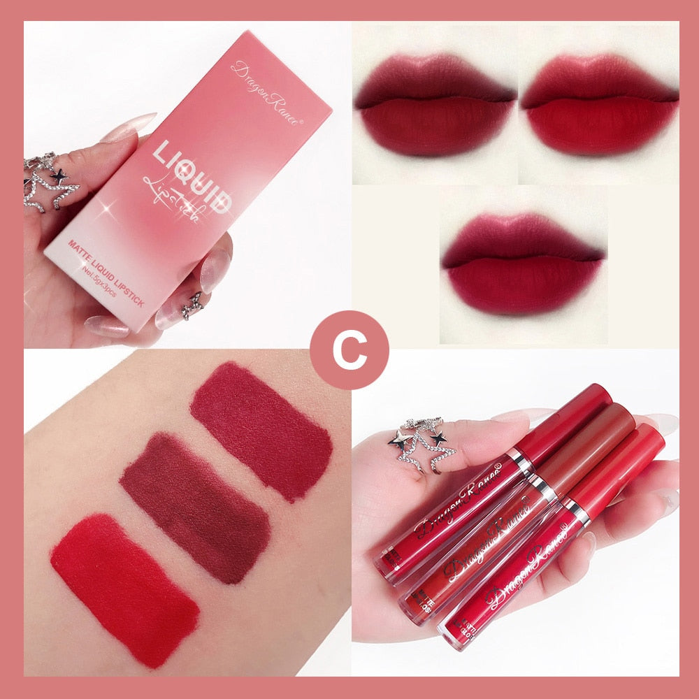 3pcs Velvet Matte Lip Gloss Set Lip Tint Combo Waterproof Long-wear Liquid Lipstick Lip