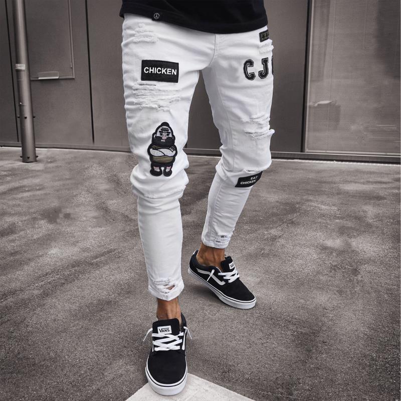 Men Jeans Knee Hole Ripped Stretch Skinny Denim Pants Solid Color Black Blue Autumn