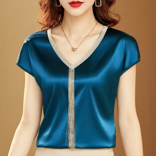 Women Silk Fashion Tops Solid V-neck Tassel Satin Bat Sleeve Blouse for Women