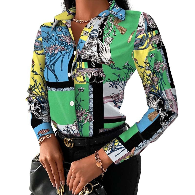 New Chain Print Women Tops And Blouses Fashion Turn-down Collar Long Sleeve