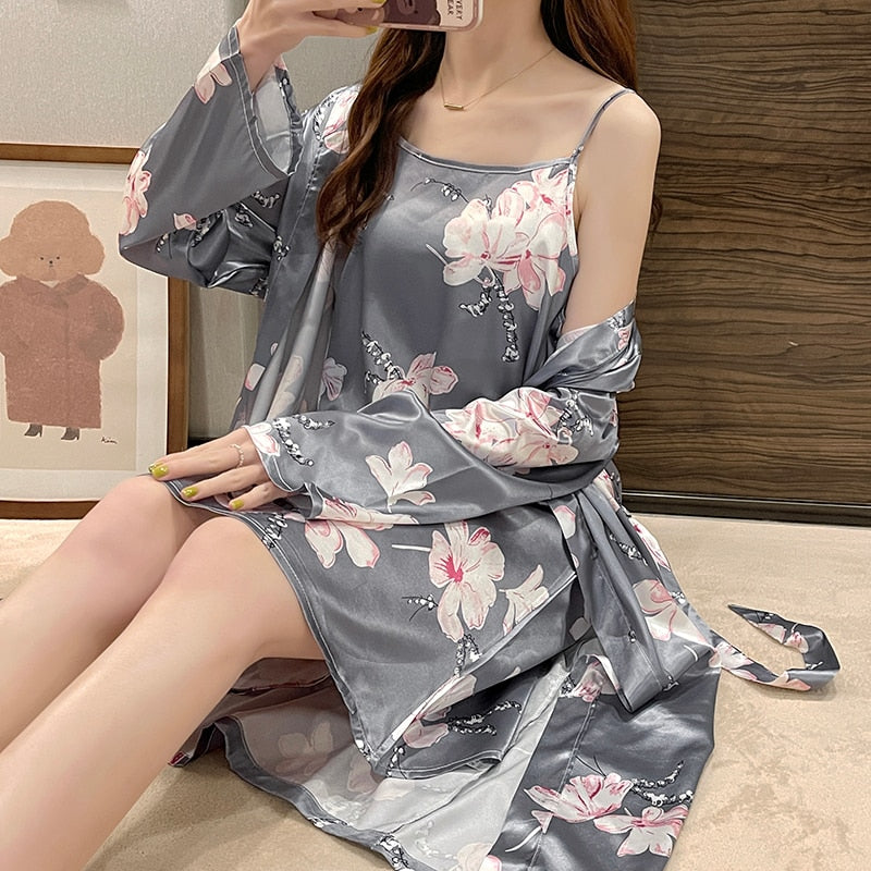 Pajamas women&#39;s suspenders printed chest pads 3-piece set 2022 new ins Korean version of the trend lace high-quality home wear