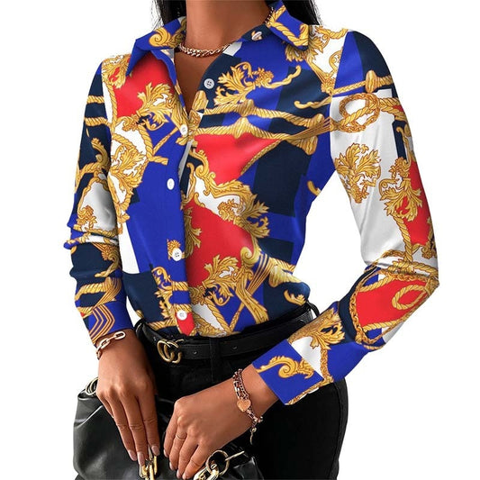 New Chain Print Women Tops And Blouses Fashion Turn-down Collar Long Sleeve