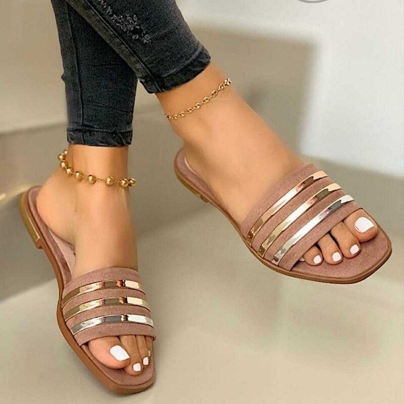 Summer Women Sandals Metal Decoration Flip Flops Clip Toe Casual Ladies