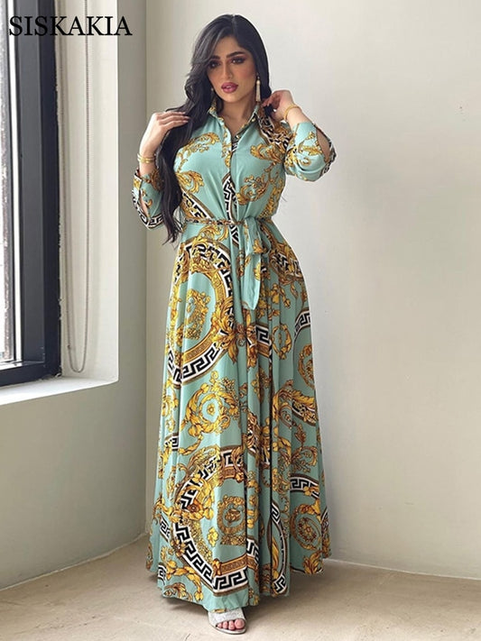 Ethnic Print Maxi Dresses for Women Single-breasted Lapel Shirt Dress Dubai Turkey Arabic