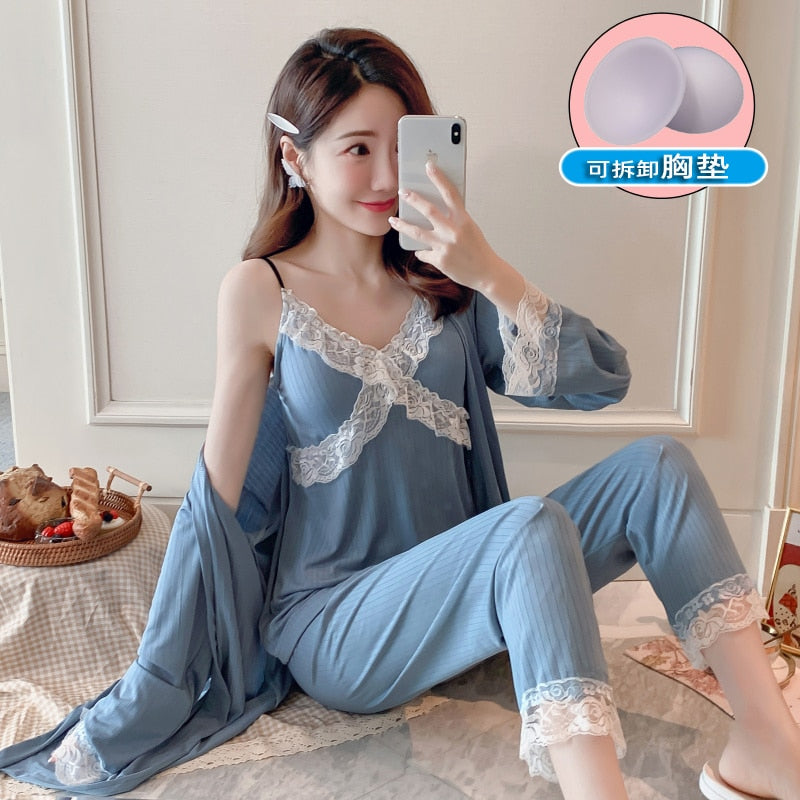 Pajamas women&#39;s suspenders printed chest pads 3-piece set 2022 new ins Korean version of the trend lace high-quality home wear