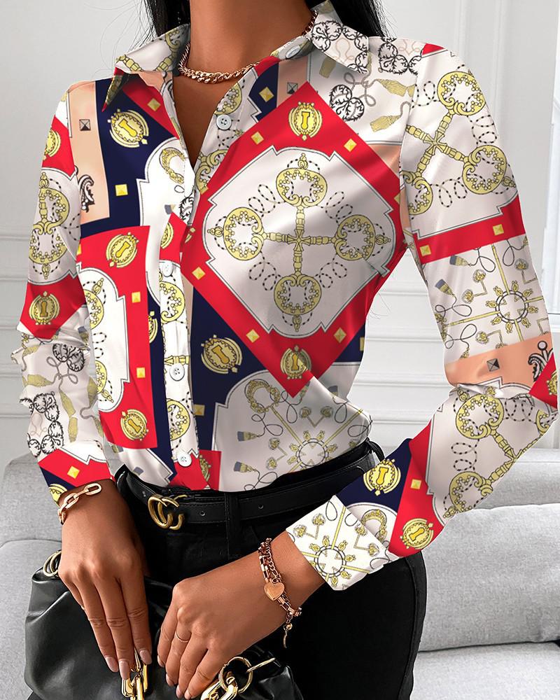 New Chain Print Women Tops And Blouses Fashion Turn-down Collar Long Sleeve