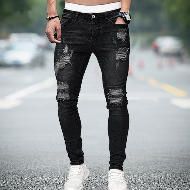 Men Jeans Knee Hole Ripped Stretch Skinny Denim Pants Solid Color Black Blue Autumn