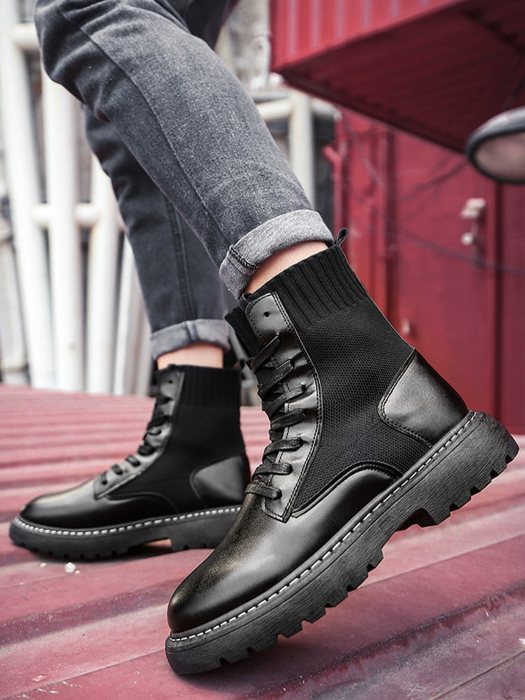 Men Shoes High-Top Martin Boots Black Leather Boots Plus Velvet Thick-Soled Non-Slip Boots Wear-Resistant Botas Hombre Botines