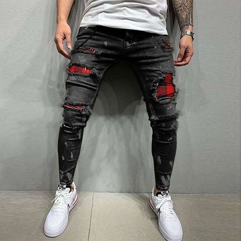 Men Jeans Knee Hole Ripped Stretch Skinny Denim Pants Solid Color Black Blue Autumn