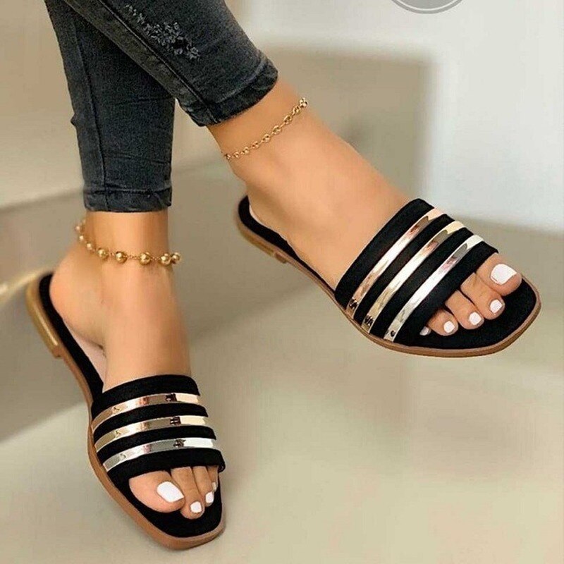 Summer Women Sandals Metal Decoration Flip Flops Clip Toe Casual Ladies