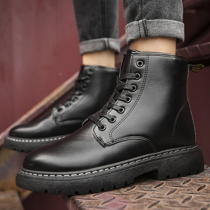 Men Shoes High-Top Martin Boots Black Leather Boots Plus Velvet Thick-Soled Non-Slip Boots Wear-Resistant Botas Hombre Botines