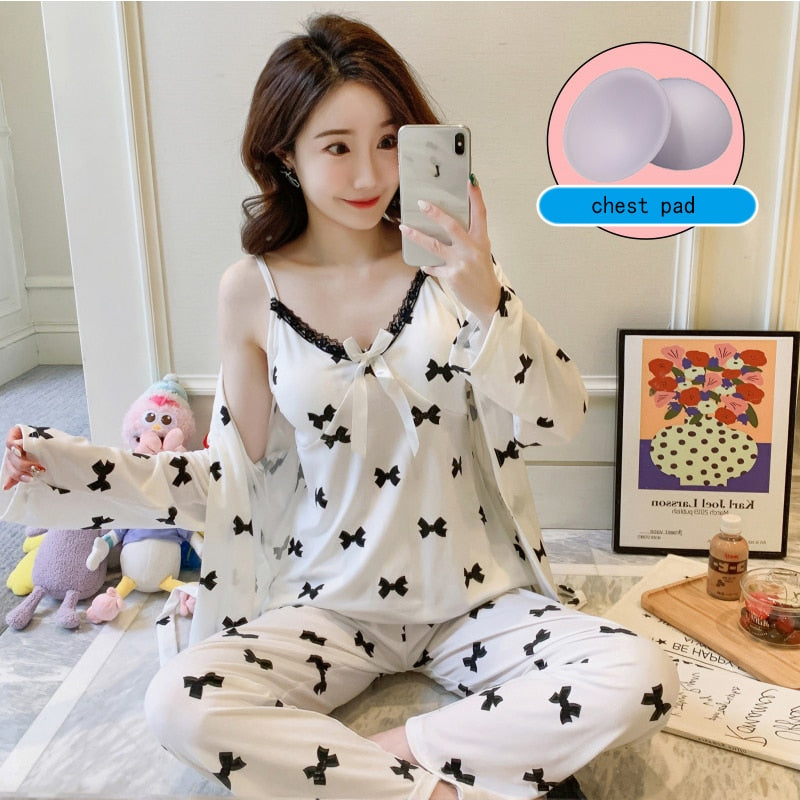 Pajamas women&#39;s suspenders printed chest pads 3-piece set 2022 new ins Korean version of the trend lace high-quality home wear