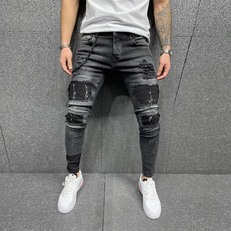 Men Jeans Knee Hole Ripped Stretch Skinny Denim Pants Solid Color Black Blue Autumn