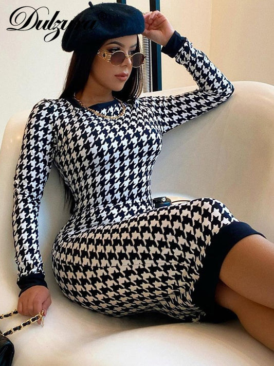 Dulzura Houndstooth Print Women Long Sleeve Midi Dress Hollow Out Bodycon Sexy