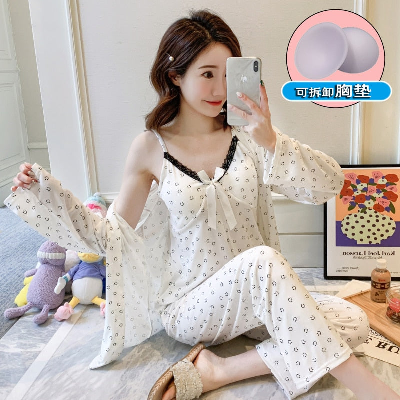 Pajamas women&#39;s suspenders printed chest pads 3-piece set 2022 new ins Korean version of the trend lace high-quality home wear