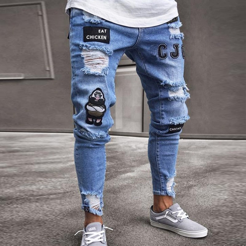 Men Jeans Knee Hole Ripped Stretch Skinny Denim Pants Solid Color Black Blue Autumn