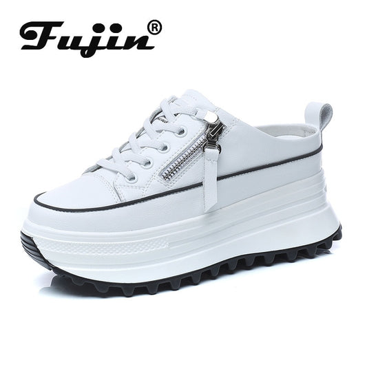 Fujin Genuine Leather 7cm Platform Wedge Sneakers Women Shoes