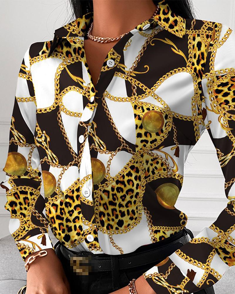 New Chain Print Women Tops And Blouses Fashion Turn-down Collar Long Sleeve