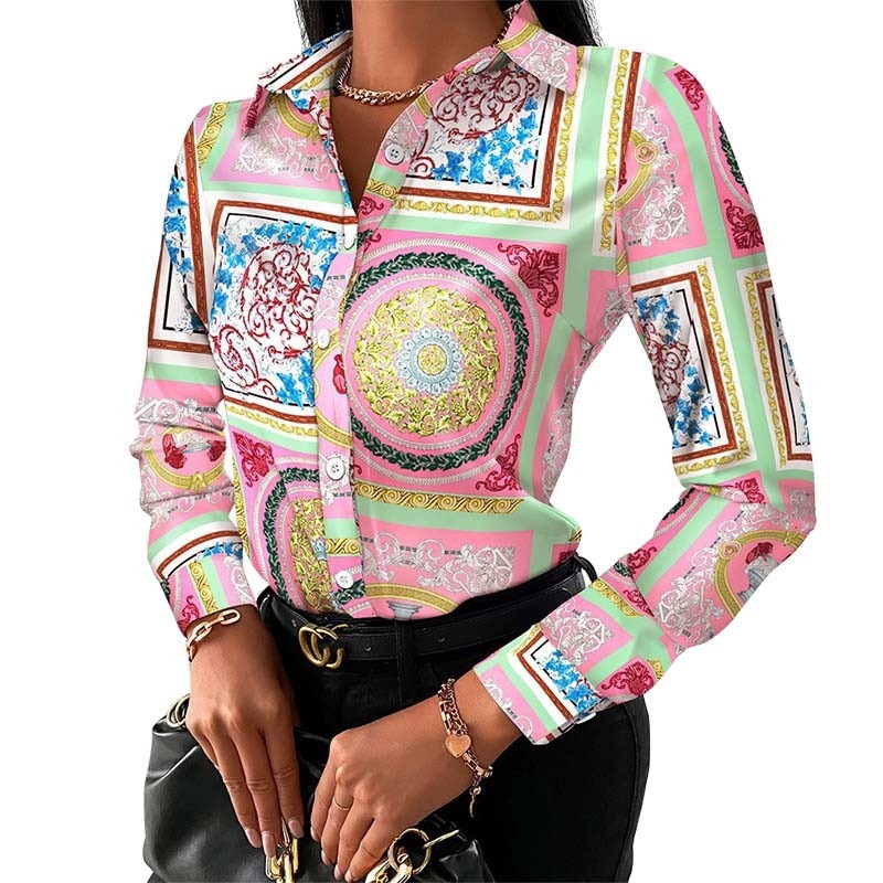 New Chain Print Women Tops And Blouses Fashion Turn-down Collar Long Sleeve