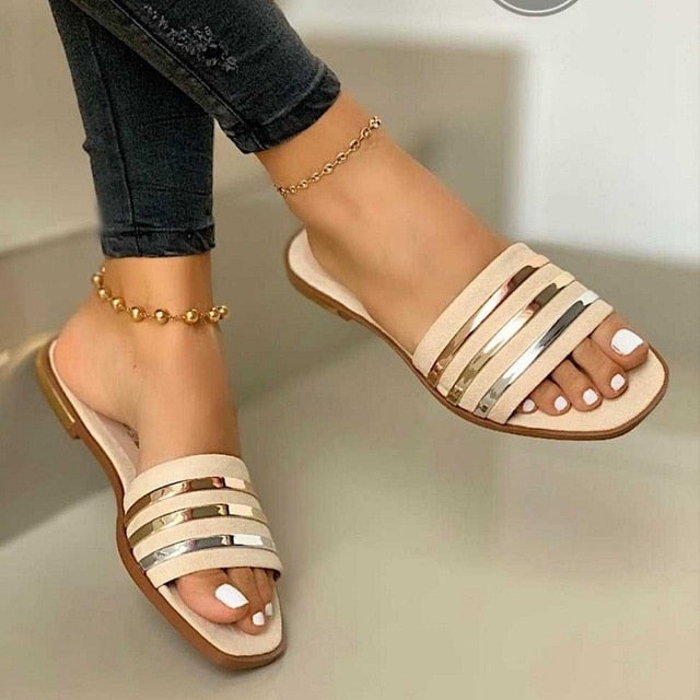 Summer Women Sandals Metal Decoration Flip Flops Clip Toe Casual Ladies