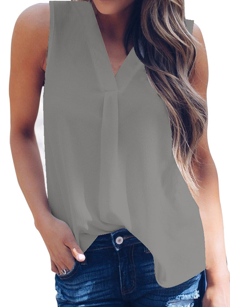 Fashion Women V Neck Chiffon Blouses Summer Top Sleeveless Shirt Casual T