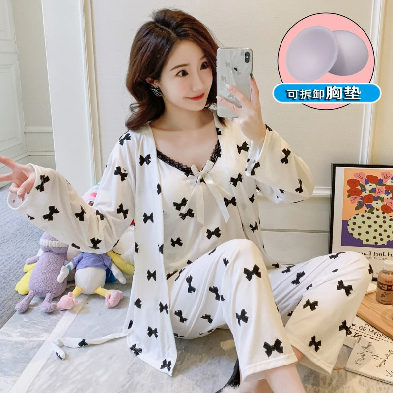 Pajamas women&#39;s suspenders printed chest pads 3-piece set 2022 new ins Korean version of the trend lace high-quality home wear