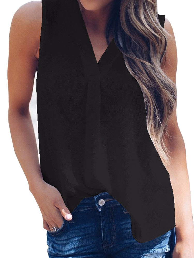 Fashion Women V Neck Chiffon Blouses Summer Top Sleeveless Shirt Casual T