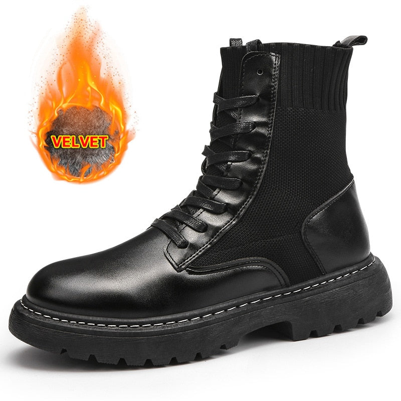 Men Shoes High-Top Martin Boots Black Leather Boots Plus Velvet Thick-Soled Non-Slip Boots Wear-Resistant Botas Hombre Botines