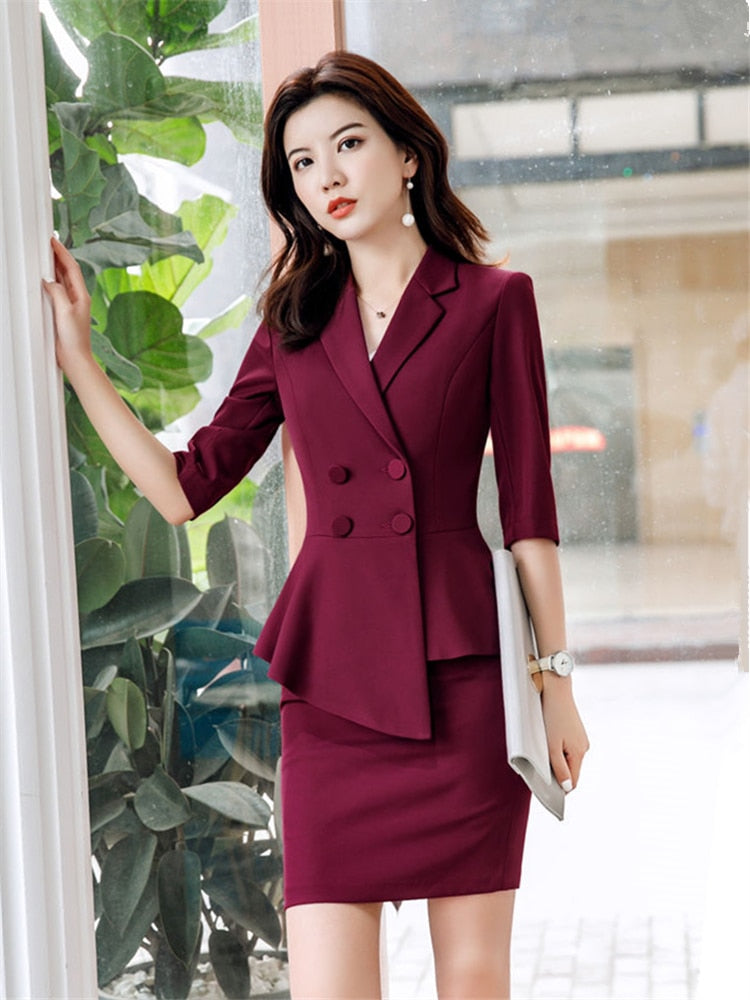 Red Skirt Suit 2 Pieces Set Fashion Business Women Suit Office Ladies Work Wear Uniform