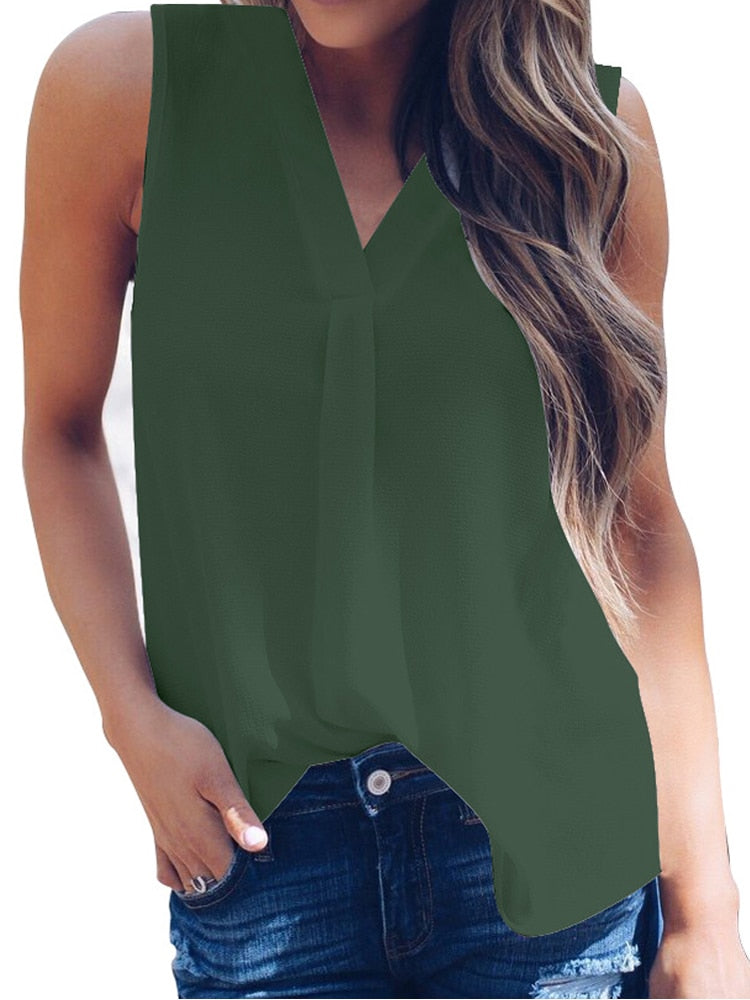 Fashion Women V Neck Chiffon Blouses Summer Top Sleeveless Shirt Casual T